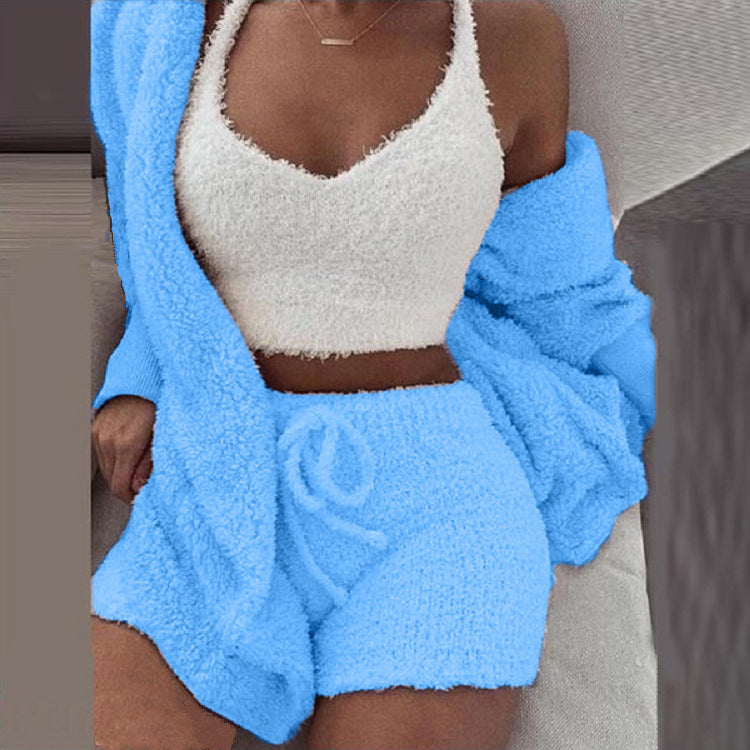 3-piece knit comfy set in blue, warm and stylish knit loungewear for women.