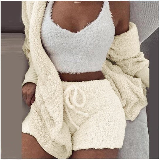 3-piece knit comfy set in cream, soft knit fabric loungewear and streetwear for women.