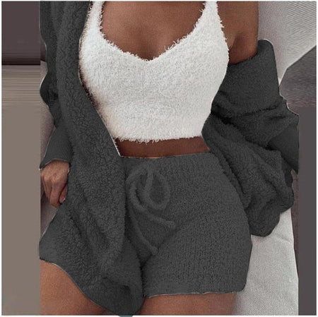 3-piece knit comfy set in grey styled as warm and chic loungewear and streetwear for women.