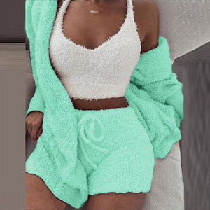 3-piece knit comfy set in mint green, warm and stylish knit loungewear for women.