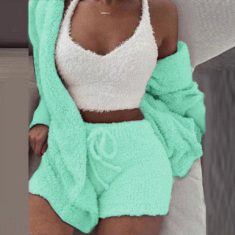 3-piece knit comfy set in mint green, warm and stylish knit loungewear for women.