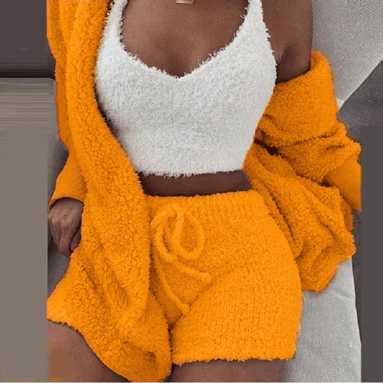 3-piece knit comfy set in orange, cozy loungewear and streetwear outfit for women.
