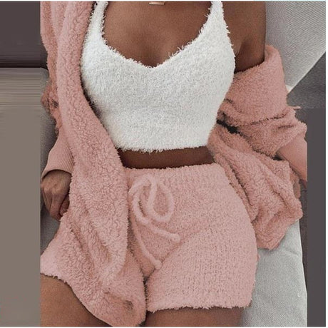 3-piece knit comfy set in pink, cozy knit loungewear and streetwear outfit for women.