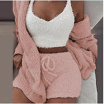 3-piece knit comfy set in pink, cozy knit loungewear and streetwear outfit for women.