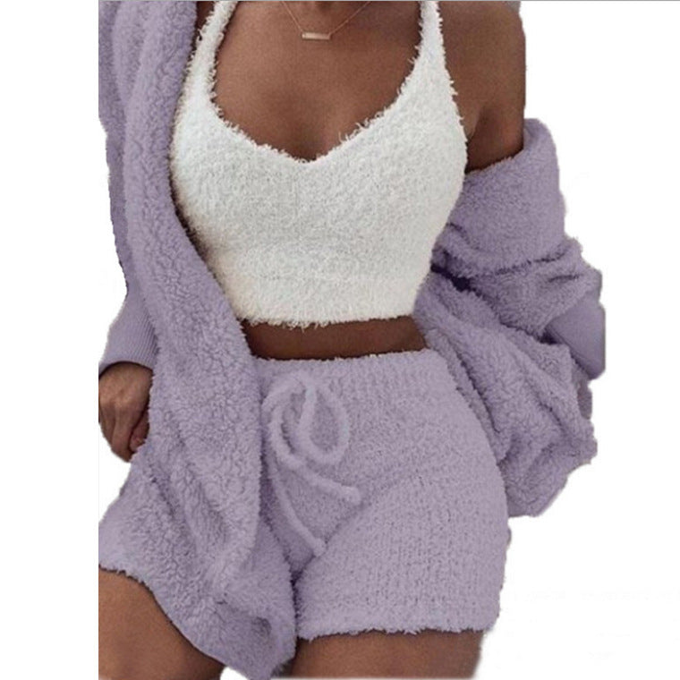 3-piece knit comfy set in purple, cozy knit loungewear and streetwear outfit for women.