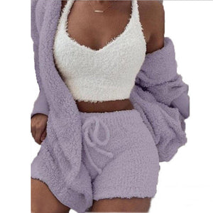 3-piece knit comfy set in purple, cozy knit loungewear and streetwear outfit for women.