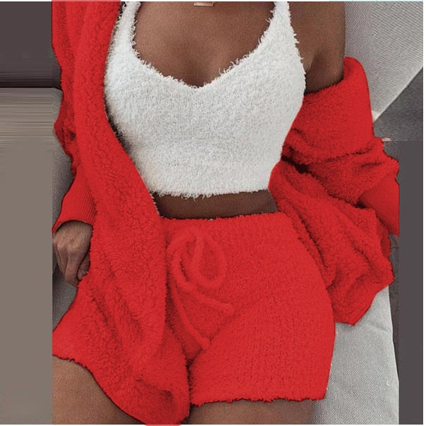 3-piece knit comfy set in red, warm and stylish knit loungewear outfit for women.