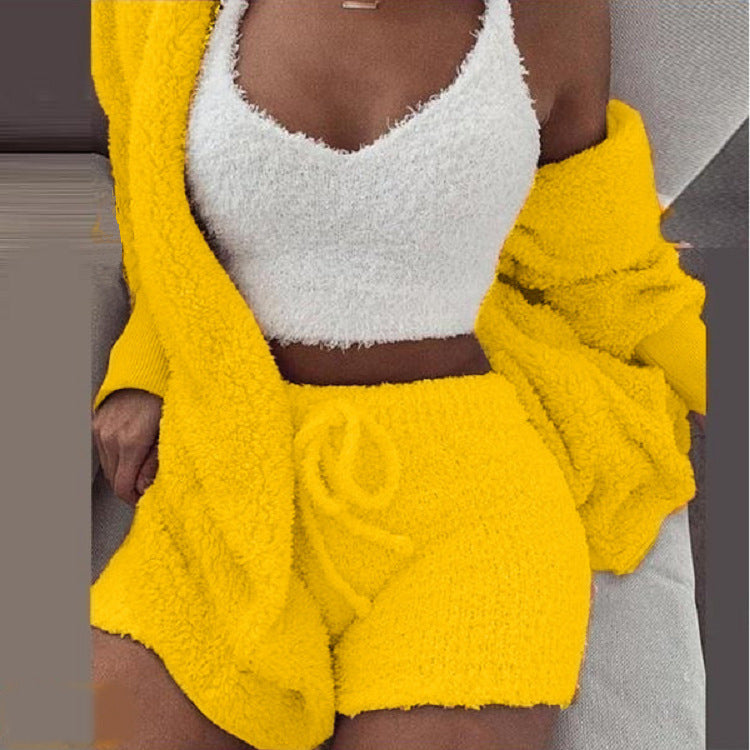 3-piece knit comfy set in yellow, cozy knit loungewear and streetwear outfit for women.
