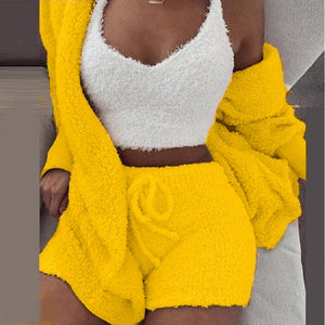 3-piece knit comfy set in yellow, cozy knit loungewear and streetwear outfit for women.