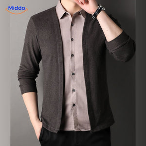 Close-up of 2-in-1 knit shirt stylish collar and button details.