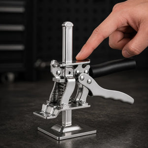 A fingertip presses the top release plate of KrikFix 2.0 for controlled lowering