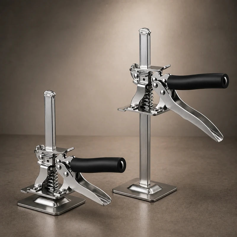 KrikFix 2.0 compact lifting tool shown in low and raised adjustment positions