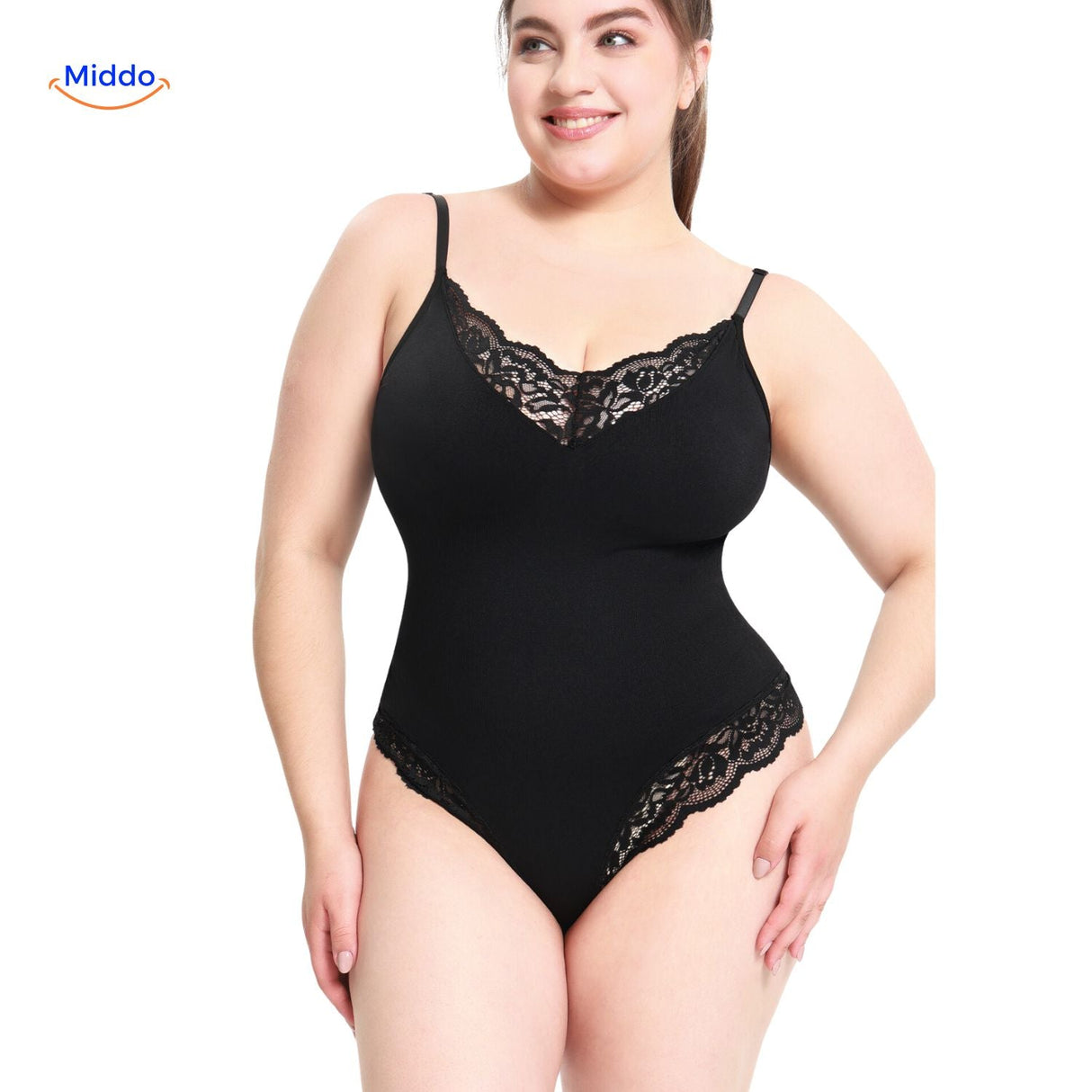 Black body-shaping bodysuit with lace trim details and slimming silhouette.
