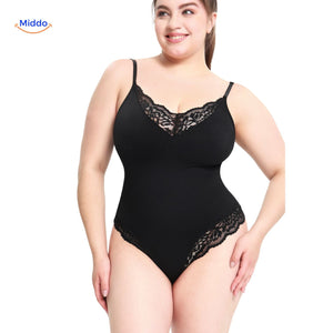 Black body-shaping bodysuit with lace trim details and slimming silhouette.