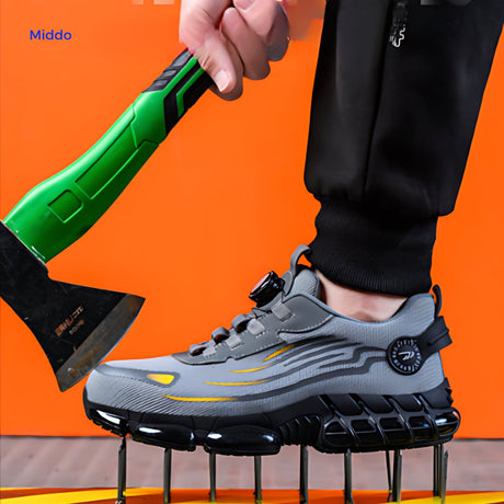 Lace-free dial fit safety shoes with integrated steel toe protection system.