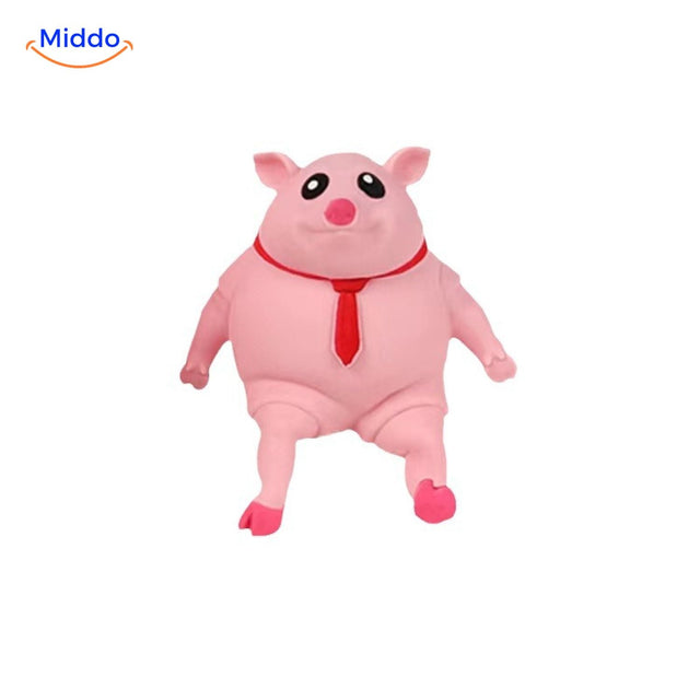 LalaPig squish toy in soft pink with red bow tie accent for stress relief.