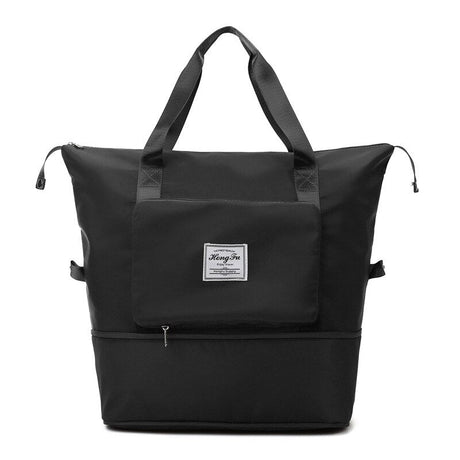 Black waterproof expandable travel bag with large capacity and compact folding.