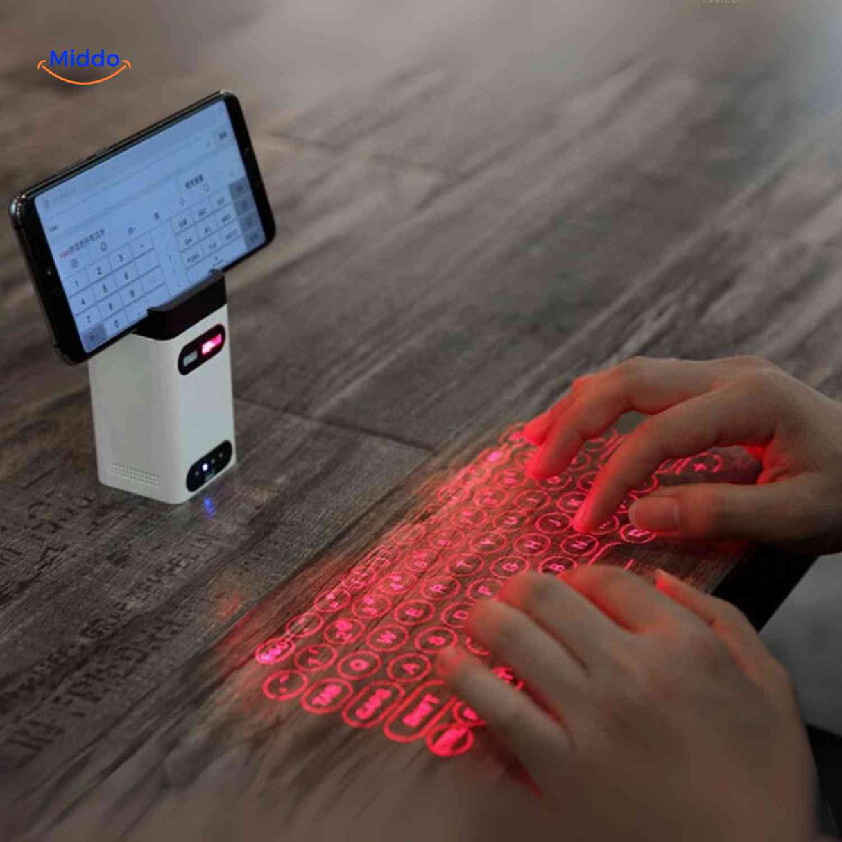 Laser projection keyboard compatible with smartphone for mobile typing.