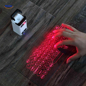 Laser projection keyboard displayed on table with hand interaction.