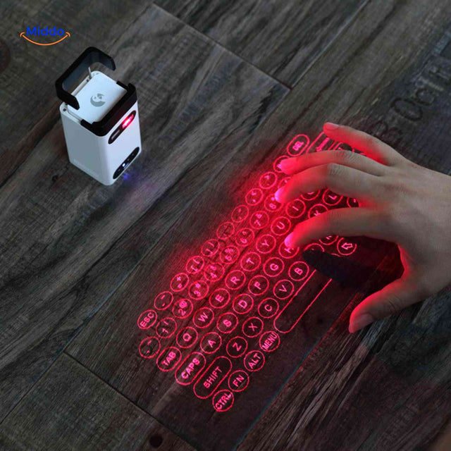Laser projection keyboard displayed on table with hand interaction.