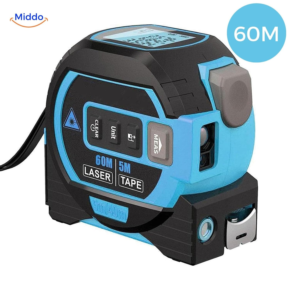 Blue digital laser tape measure with 60m extended measurement range