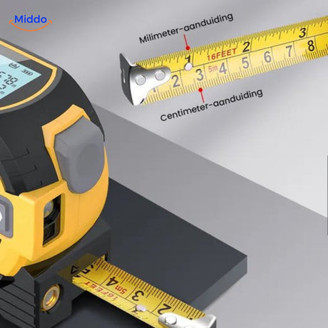 Yellow digital laser tape measure showing centimeter measurement markings