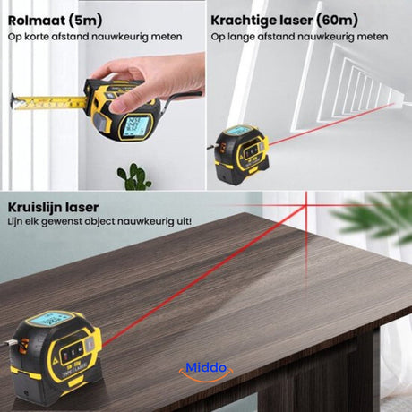 ProMeasure digital laser tape measure with powerful red laser beam projection