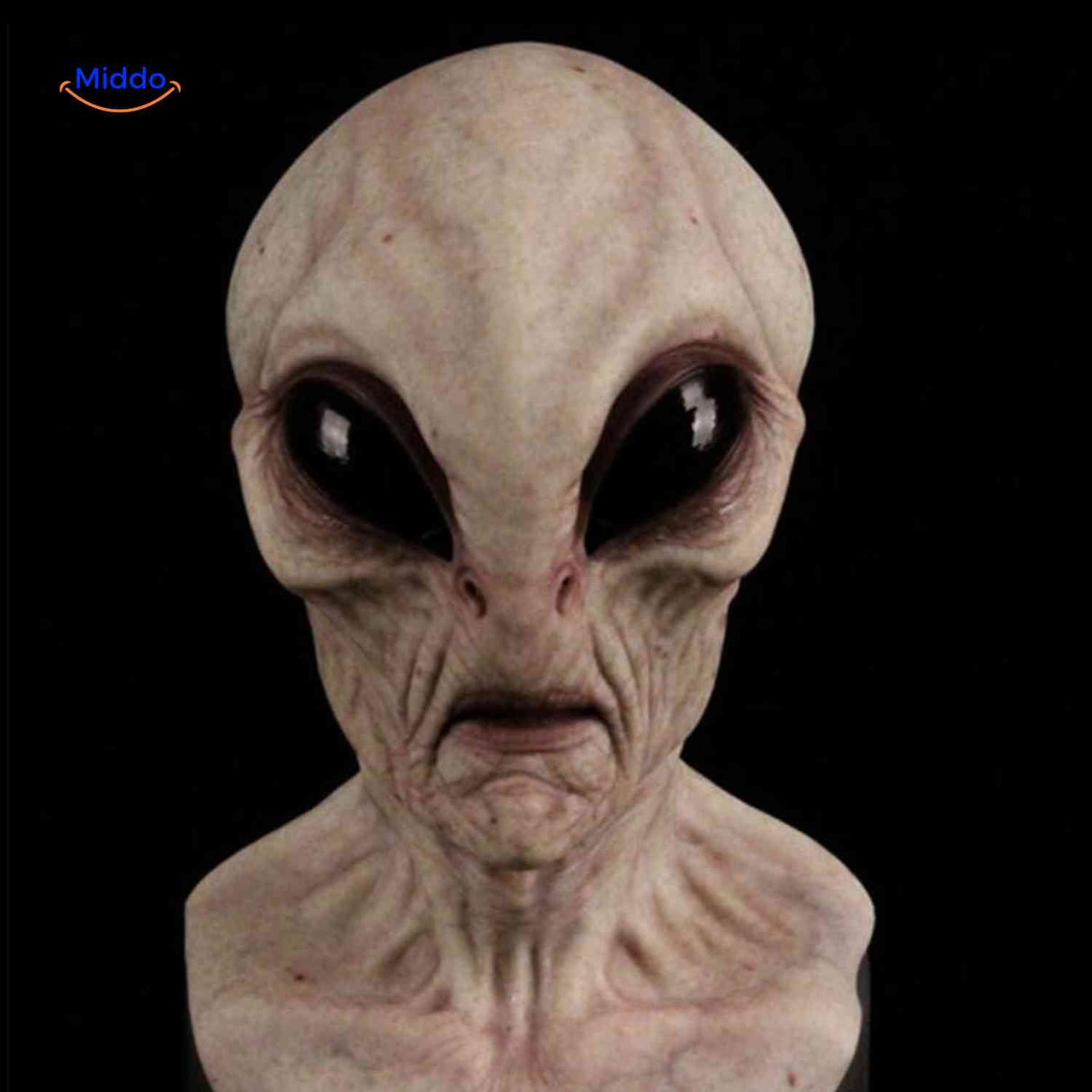 Latex alien mask with large prominent eyes and realistic aging details.