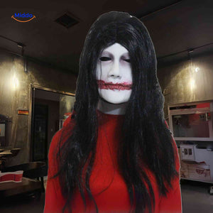 Sharp laughing mask with bloody mouth line and menacing grin.