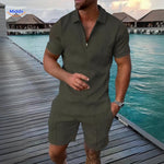 Leander summer set in army green color featuring lightweight shirt and drawstring shorts.
