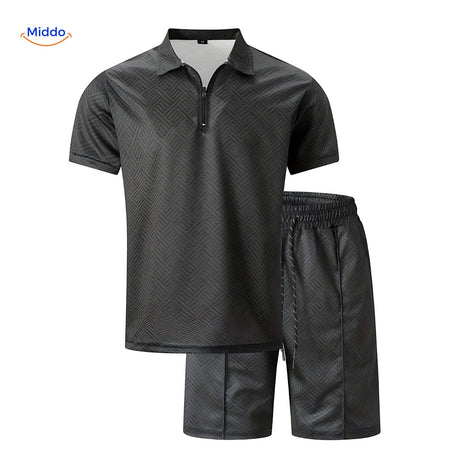 Leander summer set in black including lightweight shirt and drawstring shorts ensemble.