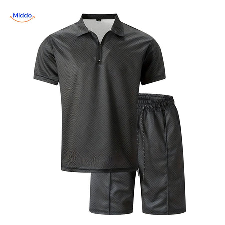 Leander summer set in black including lightweight shirt and drawstring shorts ensemble.