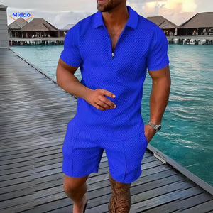 Leander summer set in blue with lightweight breathable shirt and comfortable drawstring shorts.