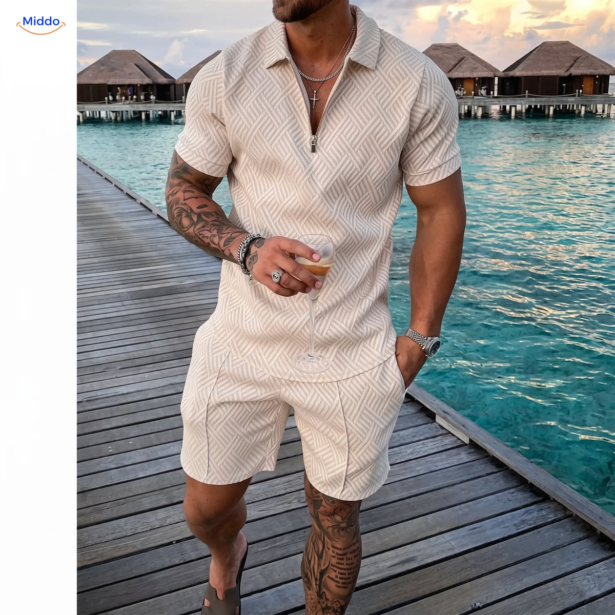 Leander summer set men polo and shorts beige