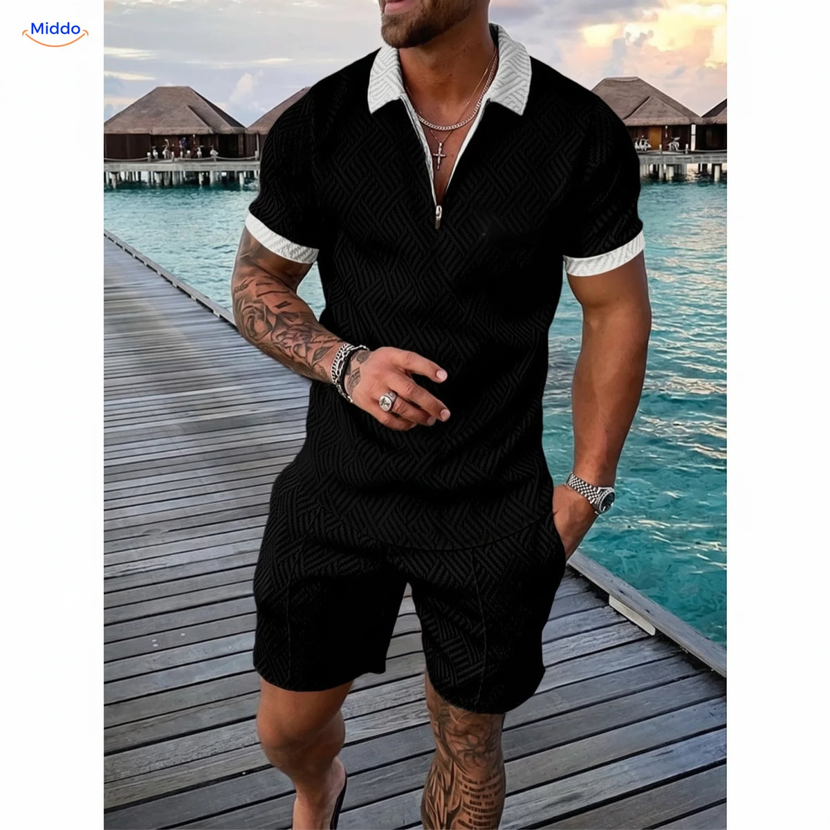 Leander summer set men polo and shorts black with white trim