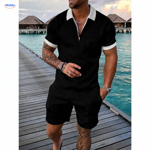 Leander summer set men polo and shorts black with white trim