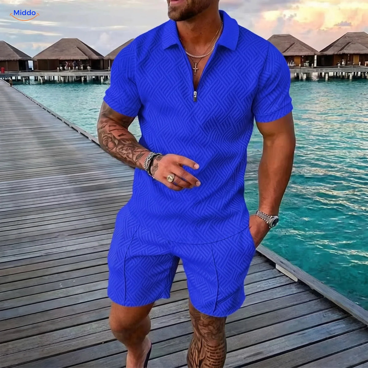 Leander summer set men polo and shorts blue