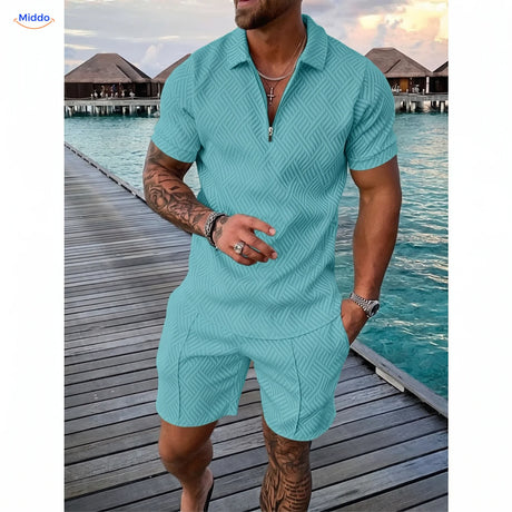 Leander summer set men polo and shorts peacock blue