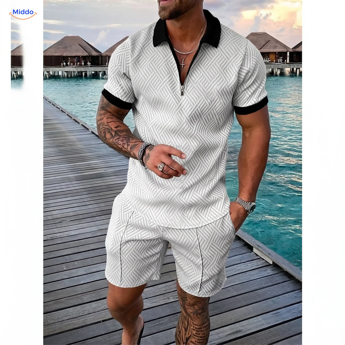 Leander summer set men polo and shorts white with black trim