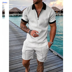 Leander summer set men polo and shorts white with black trim