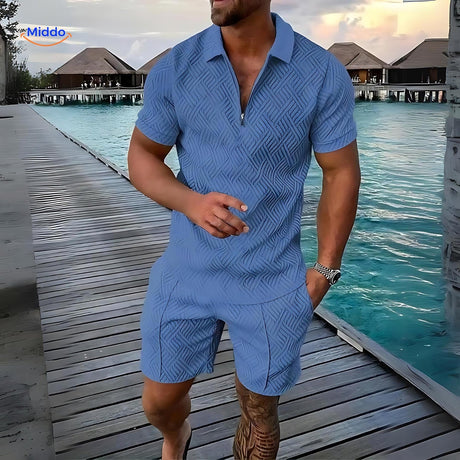 Leander two-piece summer set in peacock blue with breathable shirt and drawstring shorts.