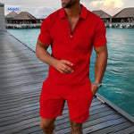 Red Leander two-piece summer set ideal for vacation with breathable fabric construction.