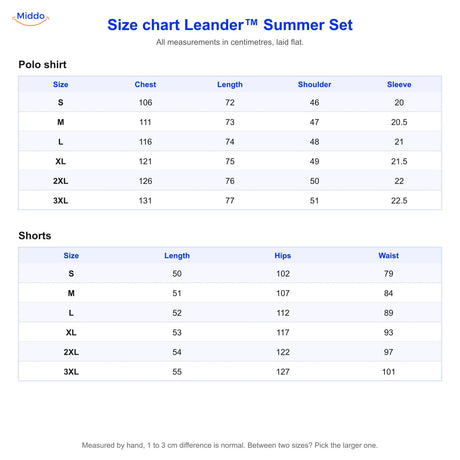Leander summer set size chart