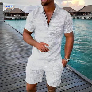 Leander summer set in white being worn on vacation with lightweight shirt and shorts.