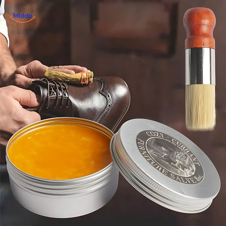 Leather balm used to polish and condition shoes, demonstrating multi-surface versatility.