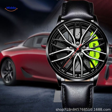 Automatic watch with leather band and green accents for sophisticated style.