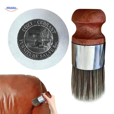 Leather conditioner and wood balm jar positioned on a natural surface.