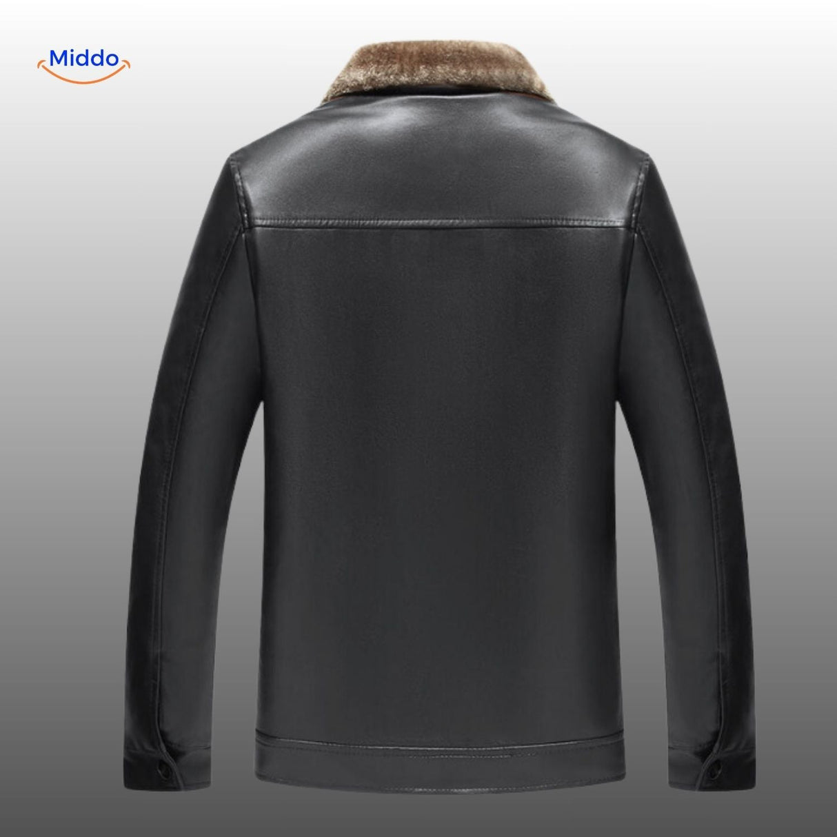 Back view of black leather jacket showing fur collar and fit.