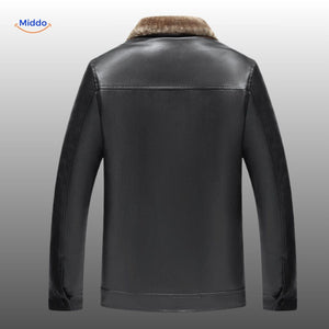 Back view of black leather jacket showing fur collar and fit.