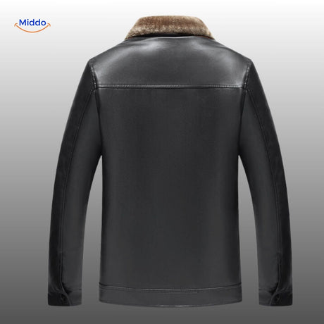Back view of black leather jacket showing fur collar and fit.